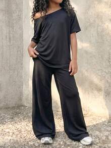 Coolane Kids 少女夏季极简街头风日常运动舒适露肩T恤和阔腿运动裤两件套 - 黑色 - 查看 3