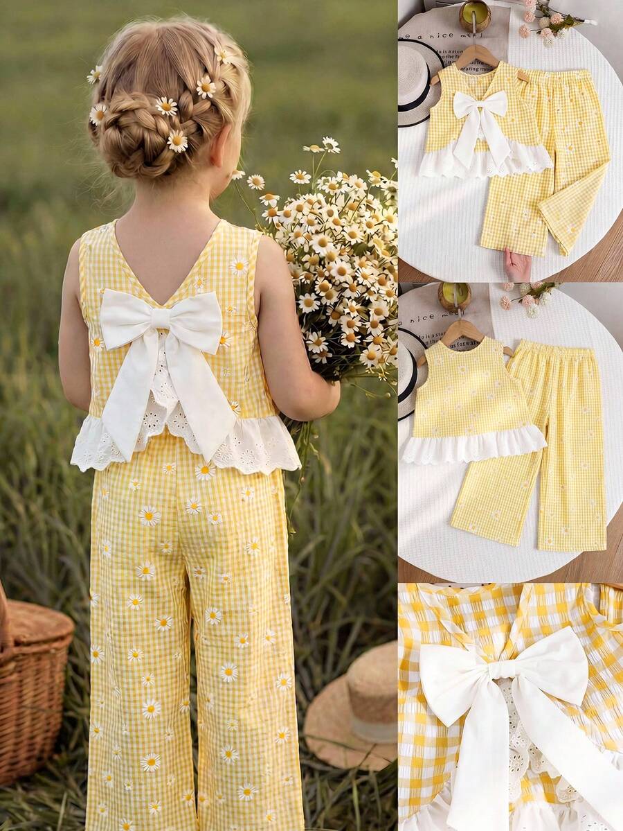 Emery Rose Kids Emery Rose Kids 2件套女童格子圆领休闲背心裤套装 女童两件套格子套装 女童格子套装 女童两件套 女童夏季两件套 女童黄色格子两件套,带蝴蝶结荷叶边无袖上衣和阔腿裤 夏季服装 女童夏季服装 女童服装 女童优雅裤装套装 - 黃色 - 查看 1