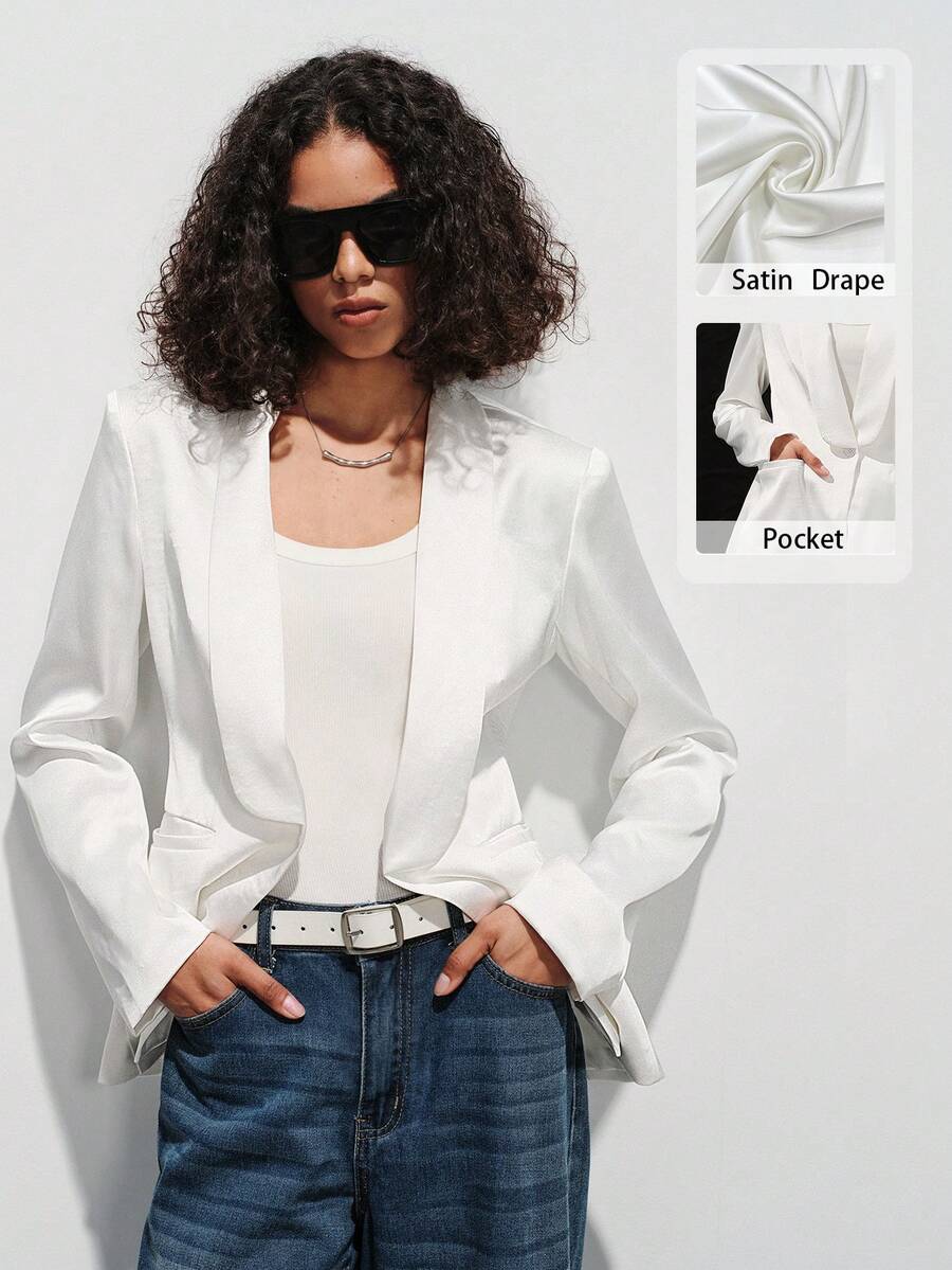 Lumivelle Women's Satin Fitted Deep V-Neck Blazer - White - View 1