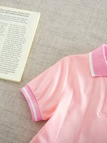 SHEIN Mångsidig och söt minimalistisk ribbad krage och manschetter, rosa broderad volangklänning, sommar för ung flicka - Rosa - Visa 5