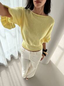 Aloruh Women's Sweet Yellow Casual Commuter Loose Waist Short Sleeve Ribbed Batwing Sleeve Ruffle Trim Boat Neck Apricot Sweater, Summer - Yellow - View 9