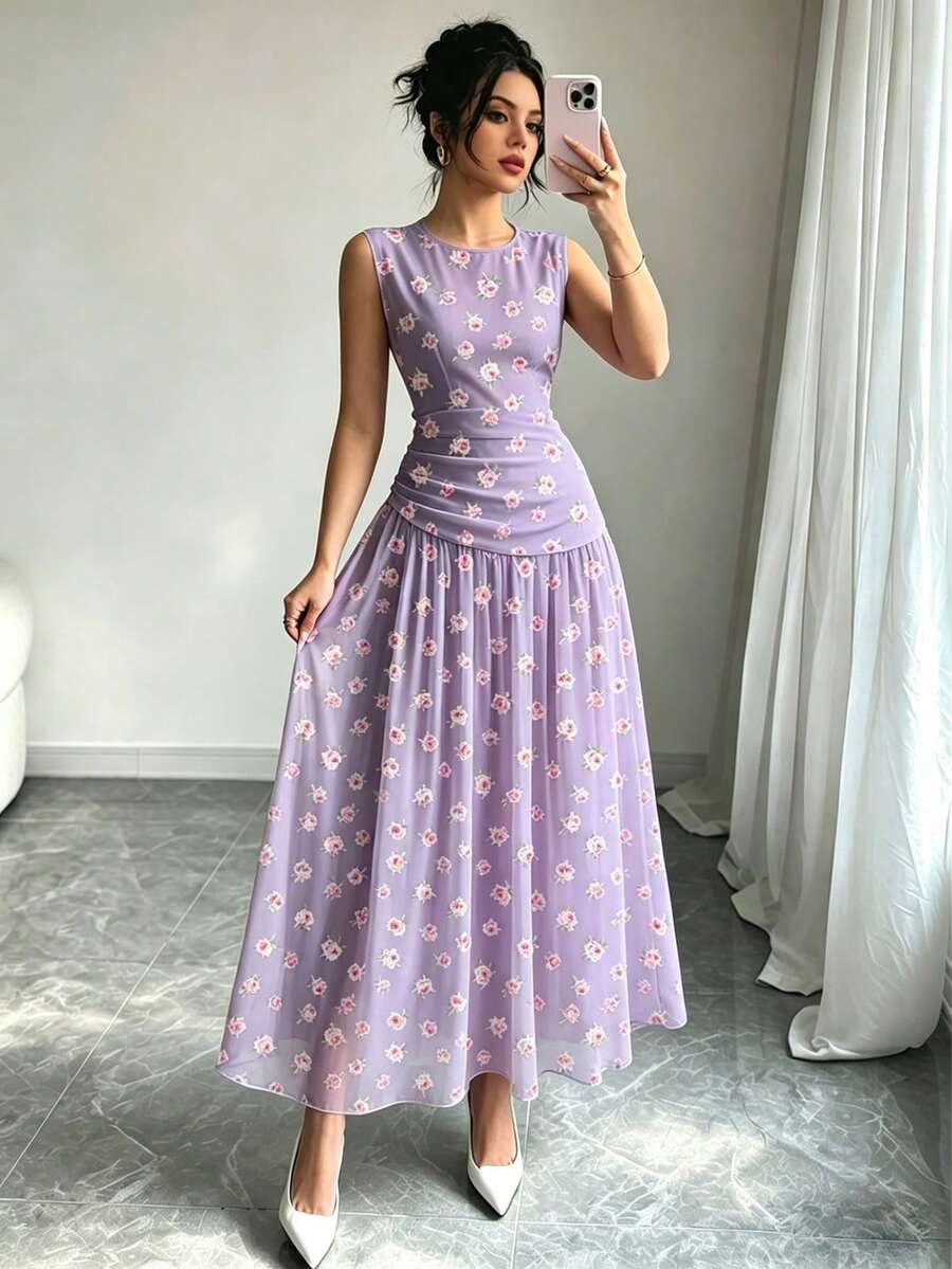 Modelyn Đầm không tay kiểu Pháp in hoa hồng, đầm dài nữ cổ khoét sâu, thiết kế xếp ly ở eo, đầm màu tím nhạt họa tiết hoa, phong cách nghỉ hè, trang phục thanh lịch mặc hàng ngày. - Nhiều màu - Xem 1