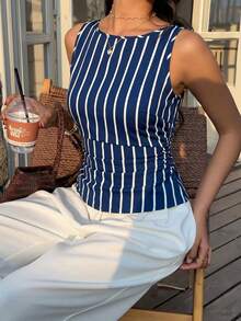 Siren Gaze Áo camisole nữ mùa hè dáng rộng, kẻ sọc, nhún bèo, thắt eo - Xanh và trắng - Xem 3