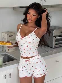 DAZY Women's Comfortable Vegetable Print Camisole And Shorts Pajama Set, Summer - White - View 6