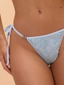 Musera Resort Sequin Beaded Tie Side Bikini Bottoms Sexy Tropical Ibiza Vacation Summer Holiday Cute Thalassa Beach Vacation Aqua Blue - Sky Blue - View 6
