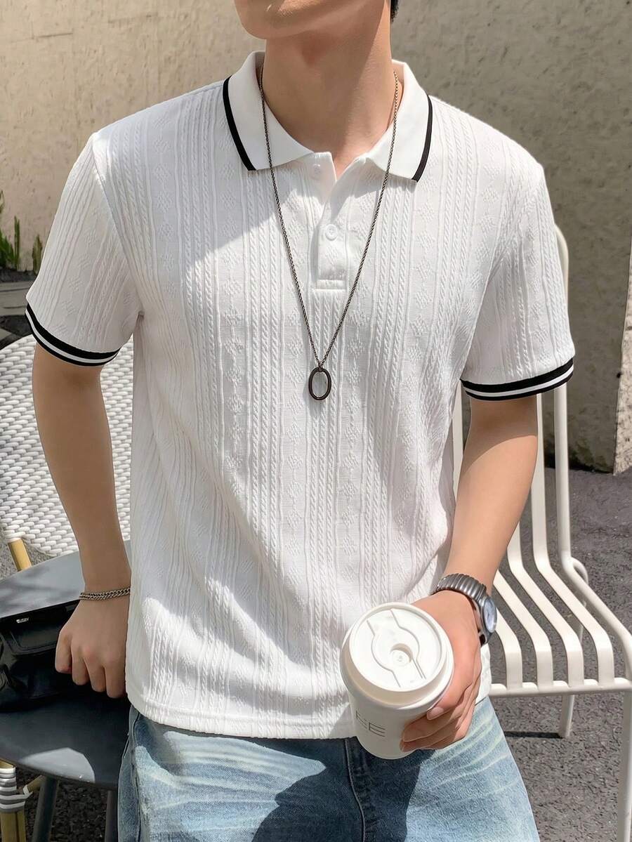 Mirajuku 1件青少年夏季新款简约白色麻花针织Polo衫,翻领短袖常规版型,休闲通勤百搭时尚上衣 - 白色 - 查看 1