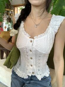 DAZY 女款紋理韓風休閒甜美短袖襯衫 夏季可愛上衣 - 白色 - 查看 4