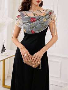 Modelyn 女款法式黑色花卉夏季優雅婚禮賓客洋裝，荷葉邊領口網紗刺繡拼接腰身復古洋裝 - 彩色 - 查看 2