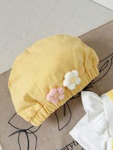 SHEIN Playful Pals Baby Girls' Cute 3D Floral Embroidery Ruffle Sleeve Romper & Hat 2pcs Set, Summer - Yellow - View 7