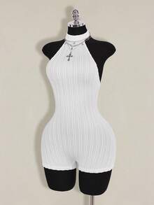 SHEIN ICON Bộ jumpsuit ôm sát cổ cao hở lưng màu đen dành cho nữ, kiểu dáng cơ bản thường ngày. - trắng - Xem 8