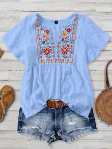 GlowEve Blusa suelta de manga corta con cuello en V y estampado para mujer - Celeste - Ver 3