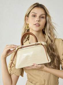 MOTF PREMIUM BOLSO DE MANO PARA DAMAS, BOLSO DE VIAJE CON HEBILLA EXQUISITA Y CONTRASTANTE - Patrón de cocodrilo marrón arroz - Ver 7