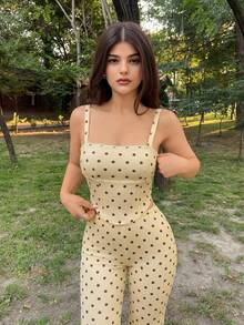 Sweetina 两件套外出黄色格子印花吊带背心和低腰裤套装 - 棕色 - 查看 5