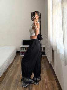 Muchica Women's Casual Fashion Street Chic Daily Commute Minimalist Versatile Black Drawstring Waist Wide Leg Pants Day Summer - Black - View 4