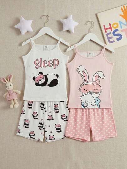 4pcs/Set Tween GirlsMinimalist Cute Panda, Rabbit, Letter Print & Heart Panda Pattern Camisole And Shorts Pajama Set, Snug Fit