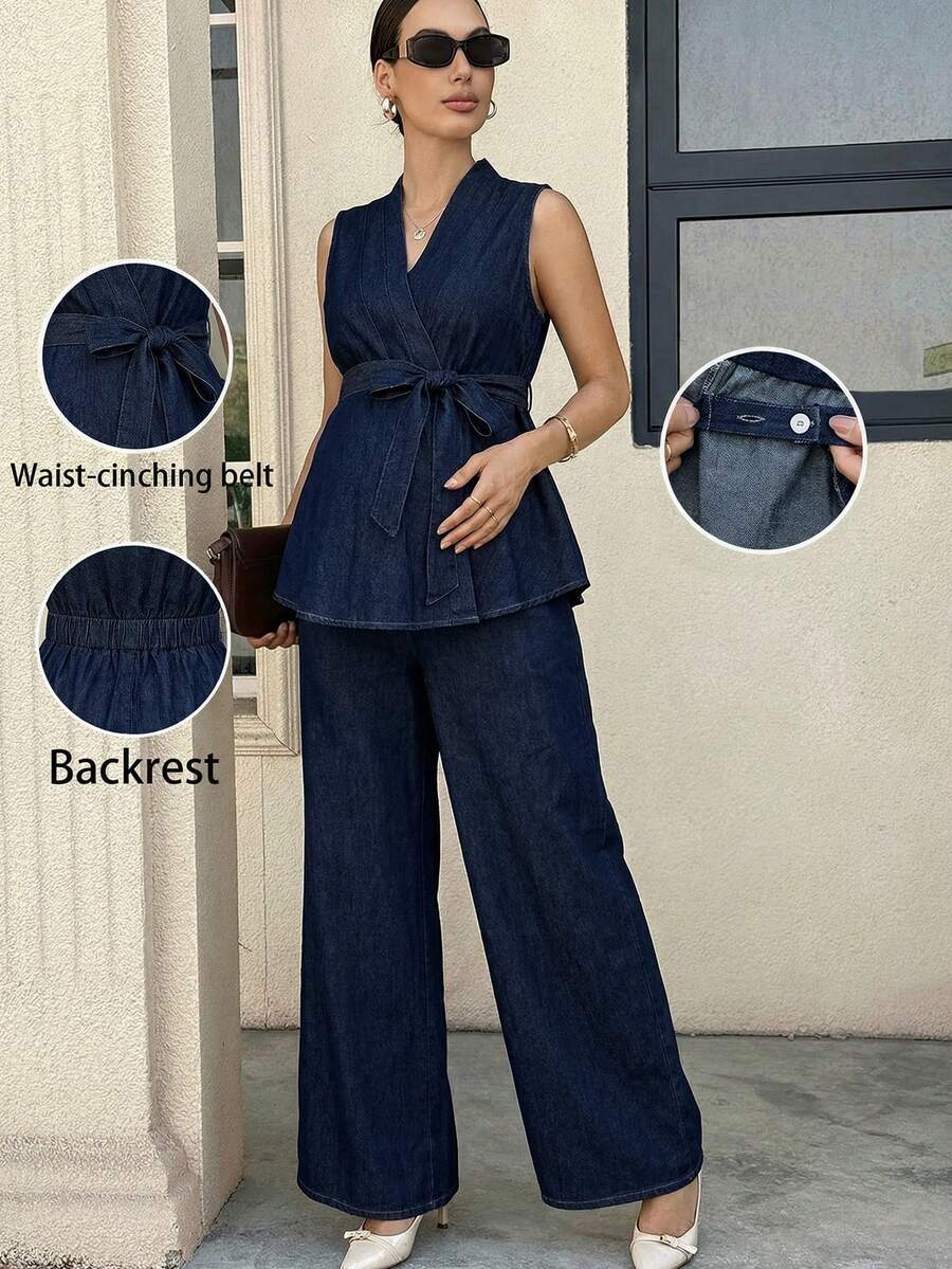 SHEIN Maternity Casual Wrap Waist Sleeveless Top And Denim Pants Set Summer Festival Costume Commuting Vacation Graduation Chic Y2k Cute Streetwear Coquette Party Wedding Elegant Business Casual Woman Business Beach Graduation Going Out Birthday Comfortable Denim Maternity Set Sleeveless Peplum Blouse And Adjustable Waist Wide Leg Trousers Ruffle Blue Formal - Blue - View 1