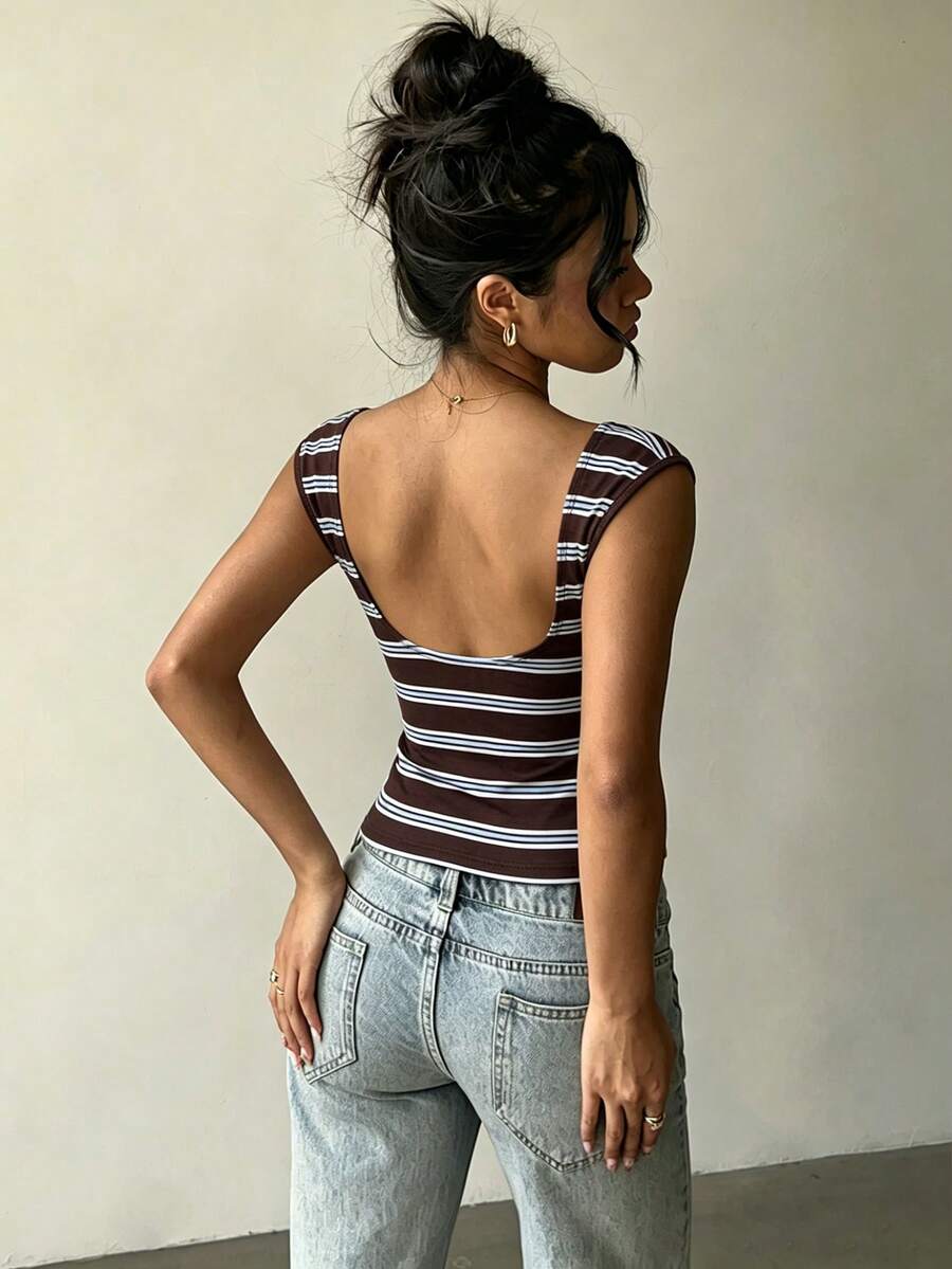 Aloruh Áo thun ngắn tay hở lưng gợi cảm, phong cách tối giản cổ điển, thanh lịch, đa năng, ấm áp, thích hợp mặc đi biển/nghỉ mát, trang phục mùa hè cho nữ. - Nhiều màu - Xem 1