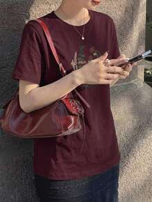 DAZY Floral & Letter Embroidery Tee NO-PAIN NO-GAIN Easter - Burgundy - View 11