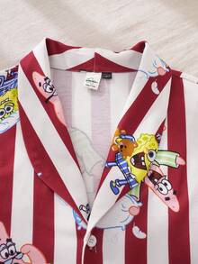 SpongeBob SquarePants | SHEIN 男士多功能条纹撞色单排扣短袖上衣和抽绳腰带口袋长裤睡衣套装， - 紅白色 - 查看 3