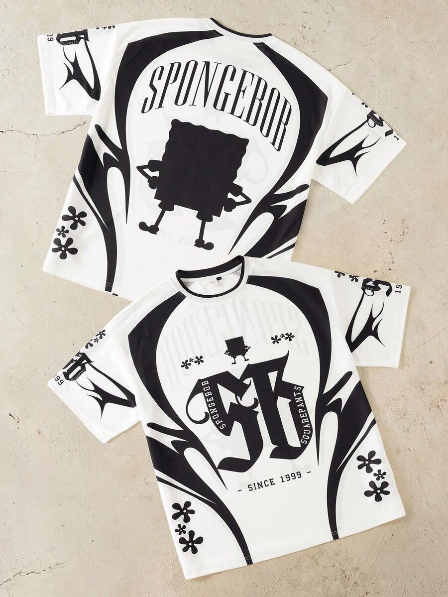 SpongeBob SquarePants | SHEIN Áo thun nam cổ tròn in chữ, kiểu dáng thường ngày, đa năng. - Đen và trắng - Xem 1