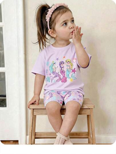 Babygirl Cute Summer Casual Knit Cartoon Pattern Short Sleeve T-Shirt And Elastic Waist Shorts Set