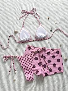 Swim Vcay Conjunto de traje de baño con estampado de lunares para mujer, adecuado para vacaciones en la playa - Multicolor - Ver 8