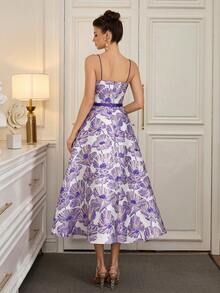 Poshira Đầm cocktail dây mảnh jacquard thanh lịch dành cho nữ - Màu Lilac Tím - Xem 2