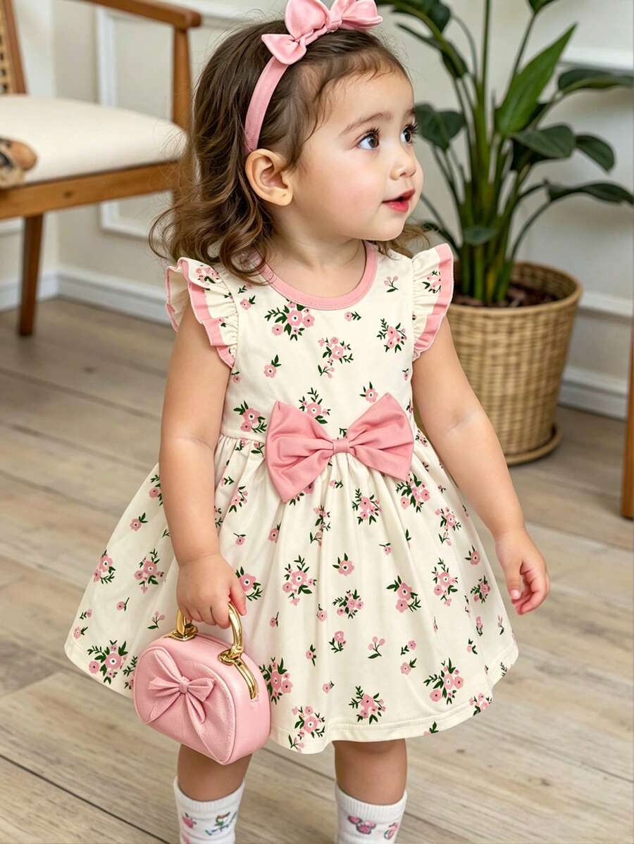 SHEIN Vestido de manga larga con estampado floral, lazo y dibujos animados, elegante para otoño/invierno para niña bebé - Multicolor - Ver 1