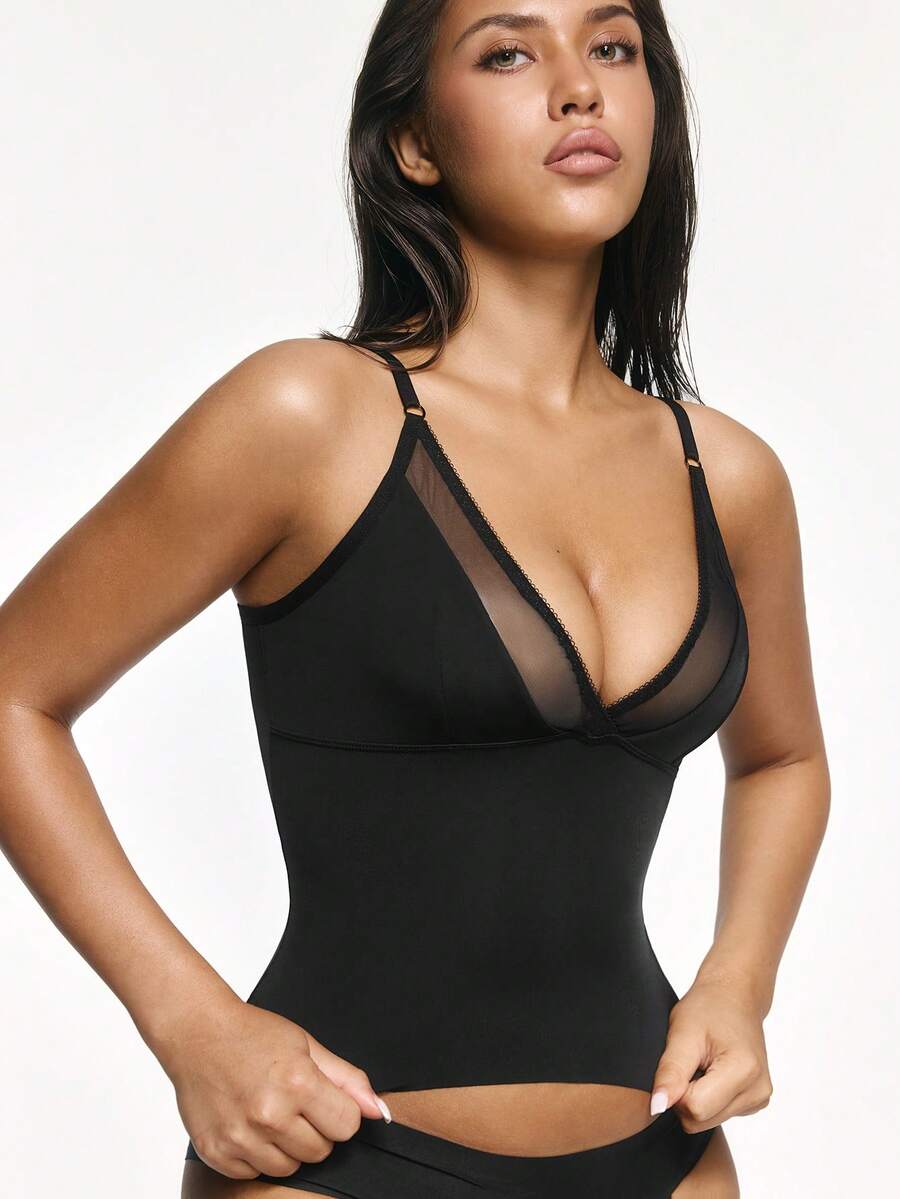 SHAPORA Seamless Padless Adjustable Strap Solid Color Lace Trim Front Mesh Base Top - Black - View 1