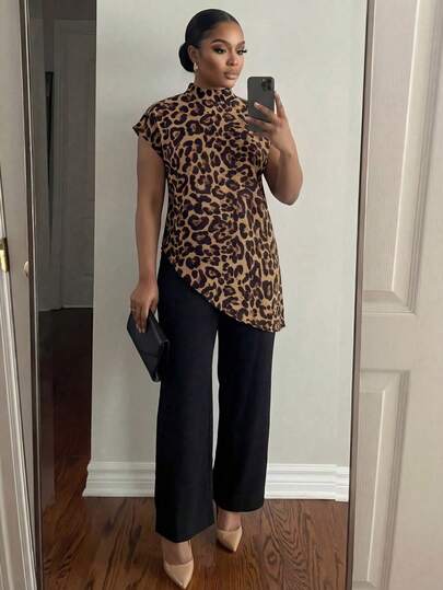 SHEIN Lady Plus Size Women Leopard Print Asymmetric Hem Shirt And Pants 2 Pieces Set