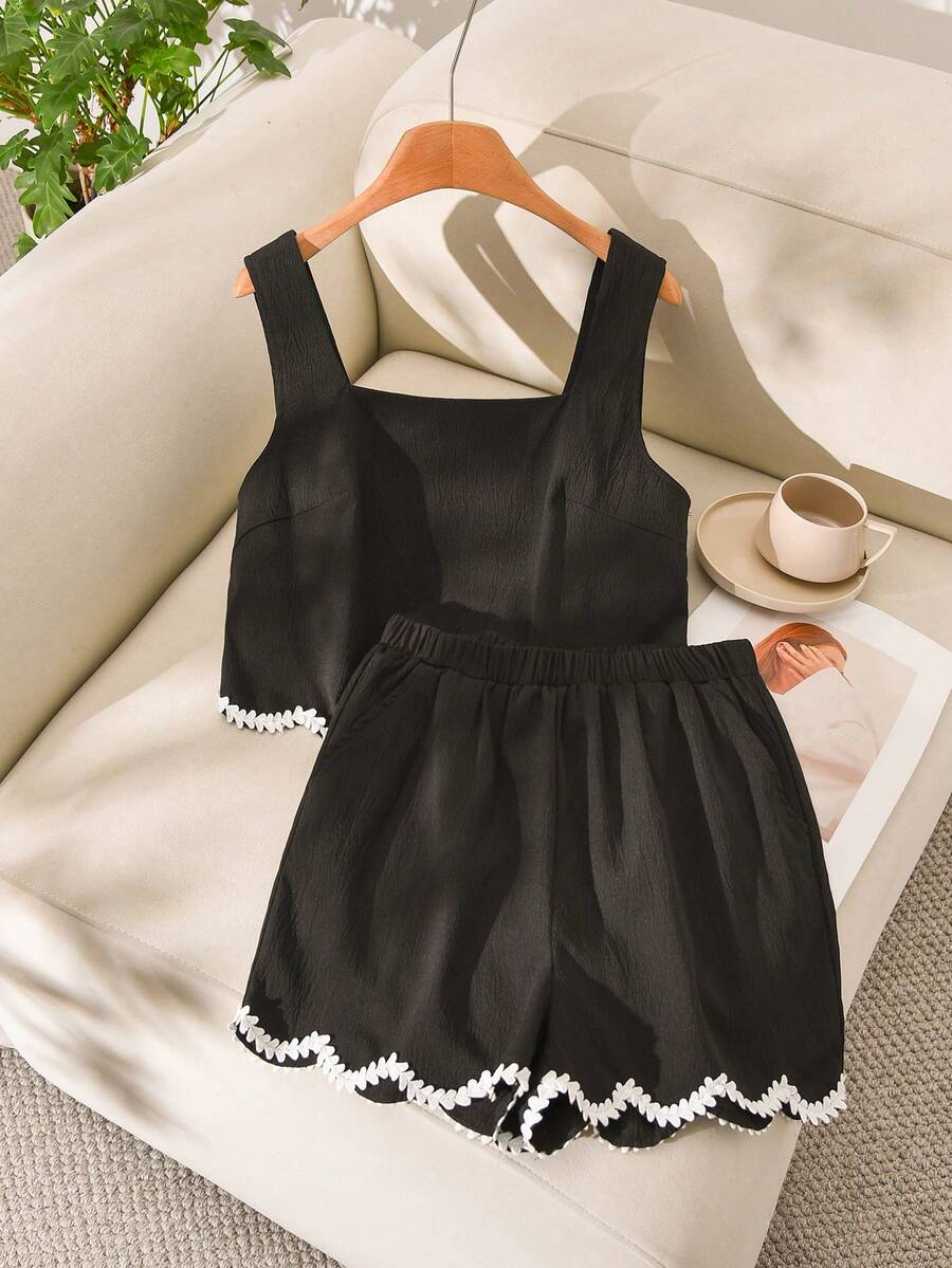 CosyJoli 2pcs Women's Casual Vacation Square Neck Contrast Ruffle Trim Camisole And Shorts Set, Spring/Summer - Black - View 1