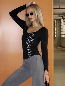 Brooke Lily 女式黑色 U 领修身舒适银色字母印花朋克摇滚 Y2K Baddie 休闲街头服饰学院 2000 年代风格长袖 T 恤 - 黑色 - 查看 6