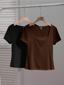 SHEIN EZwear 2件/套 女士方领短袖休闲修身性感T恤，适合秋冬季街头服饰 - 彩色 - 查看 8