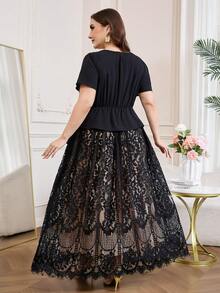 Levarali Gaun Elegan Lengan Pendek dengan Detail Renda Kontras untuk Wanita Ukuran Plus, Warna Hitam untuk Pernikahan, Makan Malam, dan Acara Formal Musim Panas. - MultiWarna - View 10