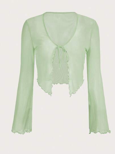 SHEIN ICON Green Mesh Front Tie Flare Sleeve Blouse For Women