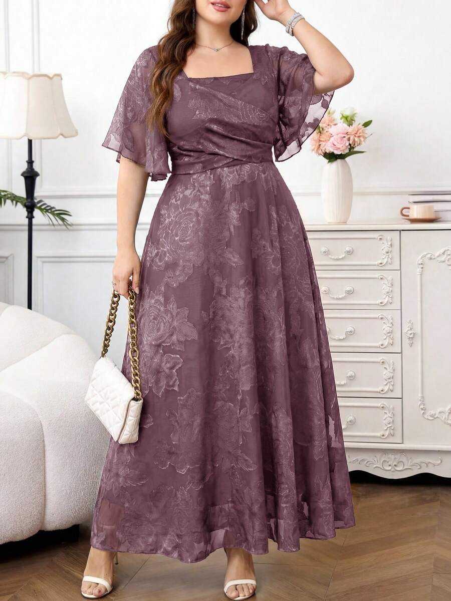 Reflora Plus Size Women's Square Neck Floral Print Elegant Waist Cinched Party Dress - Dusty Pink - View 1