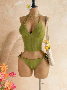 Soleia Women's Solid Color Halter Tie Bikini Set, Summer Beach - Green - View 5