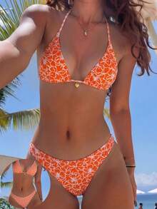 Swim Mod Conjunto de bikini y tanga triangular con estampado completo y cuello de halter de moda para mujer, ideal para la playa de verano - Naranja - Ver 1