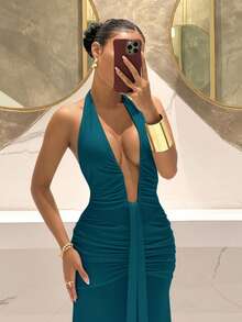 Slaydiva 2025新款优雅深V领美人鱼连衣裙，适合派对、生日、酒吧、夜店、情人节、万圣节、圣诞节等场合 - 棕色 - 藏蓝色 - 查看 4