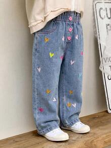 SHEIN Pantalones harem casuales y cómodos para niñas, con lavado suave, bordados florales de colores y cintura elástica, ideales para vacaciones/calle, livianos de verano - Azul lavado medio - Ver 3