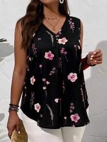 EMERY ROSE Plus Size Summer Countryside V-Neck Floral Printed Summer Sleeveless Blouse, Casual - Black - View 4