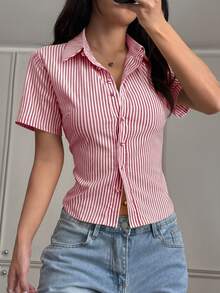 SHEIN PariChic ChicEase 法式修身黄白条纹短袖优雅女士职业装衬衫 - 酒紅色 - 查看 8