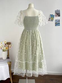Soleia Vestido verde vintage con bordados y volantes en las mangas, cintura elástica, para mujer talla grande. Vestido casual de verano adecuado para volver al colegio, almuerzos lindos, despedida de soltera - Verde - Ver 2