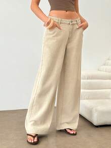 SHEIN Quần jeans denim ống rộng cạp thấp đã giặt, phong cách thường ngày mùa xuân 90-Y2K, thích hợp cho các buổi hòa nhạc mùa hè, kỳ nghỉ, mùa đông, phong cách Nashville, trở lại trường học, công sở. - Màu Khaki - Xem 5