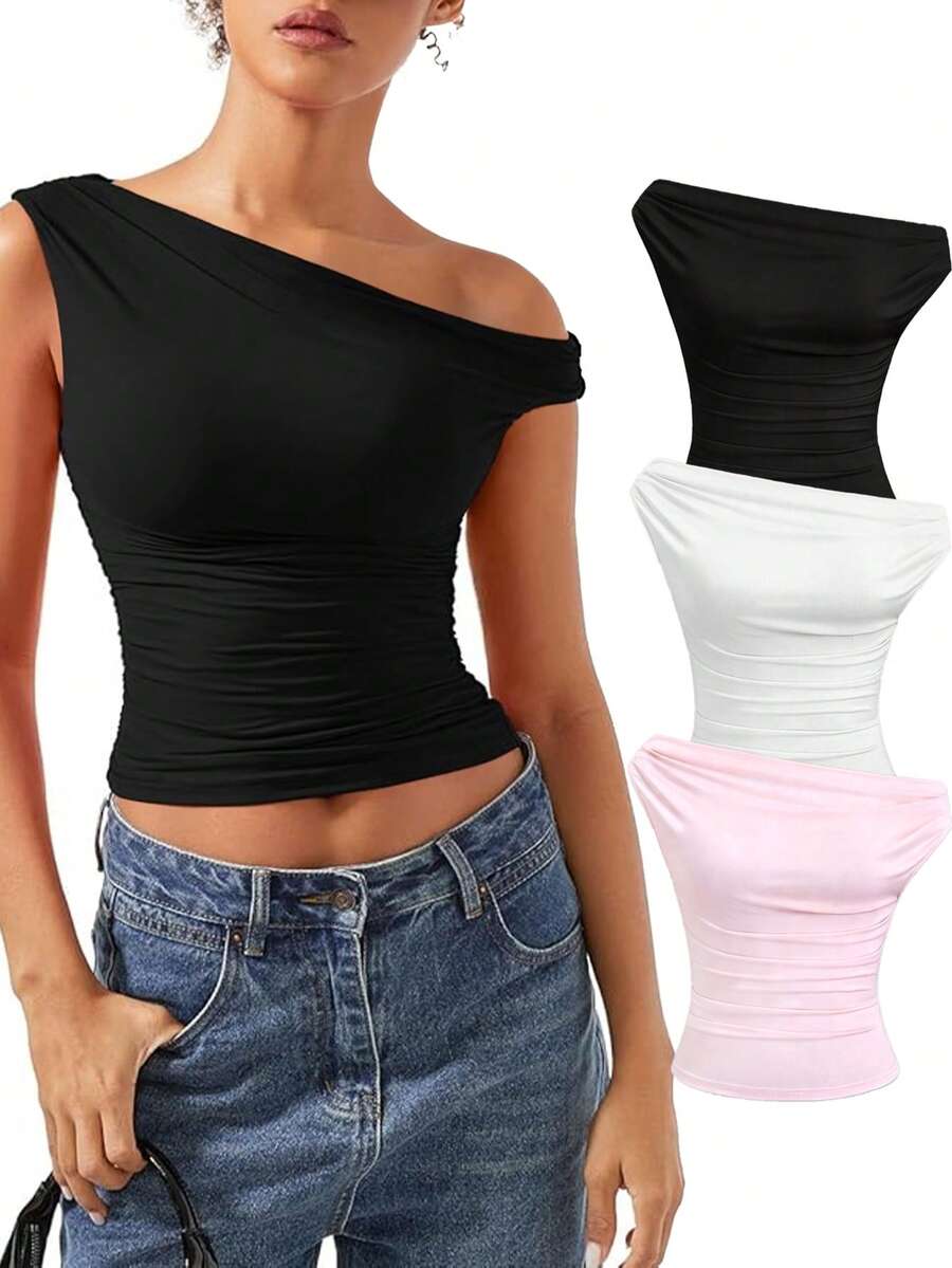 EMERY ROSE Blusa casual y versátil para uso diario con estampado de cerezas, hombro asimétrico y drapeado para mujer talla grande - Multicolor - View 1