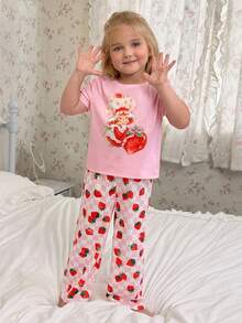 Strawberry Shortcake X SHEIN Young Girl Cartoon Print Round Neck Short Sleeve Top And Strawberry Print Pants Pajama Set - Baby Pink - View 4