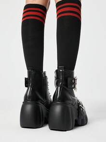 ROMWE Grunge Punk Giày sandal cao gót nữ 2026, bốt cao gót siêu nhỏ, bốt cưỡi ngựa nữ mùa xuân và mùa thu, bốt cao gót kiểu tàu hỏa, bốt cổ thấp chống thấm nước bằng da PU màu tối, khóa thắt lưng kiểu Y2K - màu đen - Xem 5