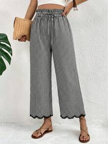SHEIN Frenchy Women's Summer Boho Black And White Plaid Lace Trim Pants,Vacation Holiday Ruffle Drawstring Waist Pocket Cropped Long Tapered Pants,Beach - Black and White - View 6