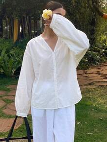 DAZY 女款寬鬆版型純色長袖圓領夏季上衣 - 白色 - 查看 3