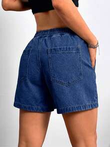 SHEIN PETITE Quần short denim nữ dáng rộng, cạp chun, có túi, kiểu dáng thường ngày. - Rửa tối - Xem 2